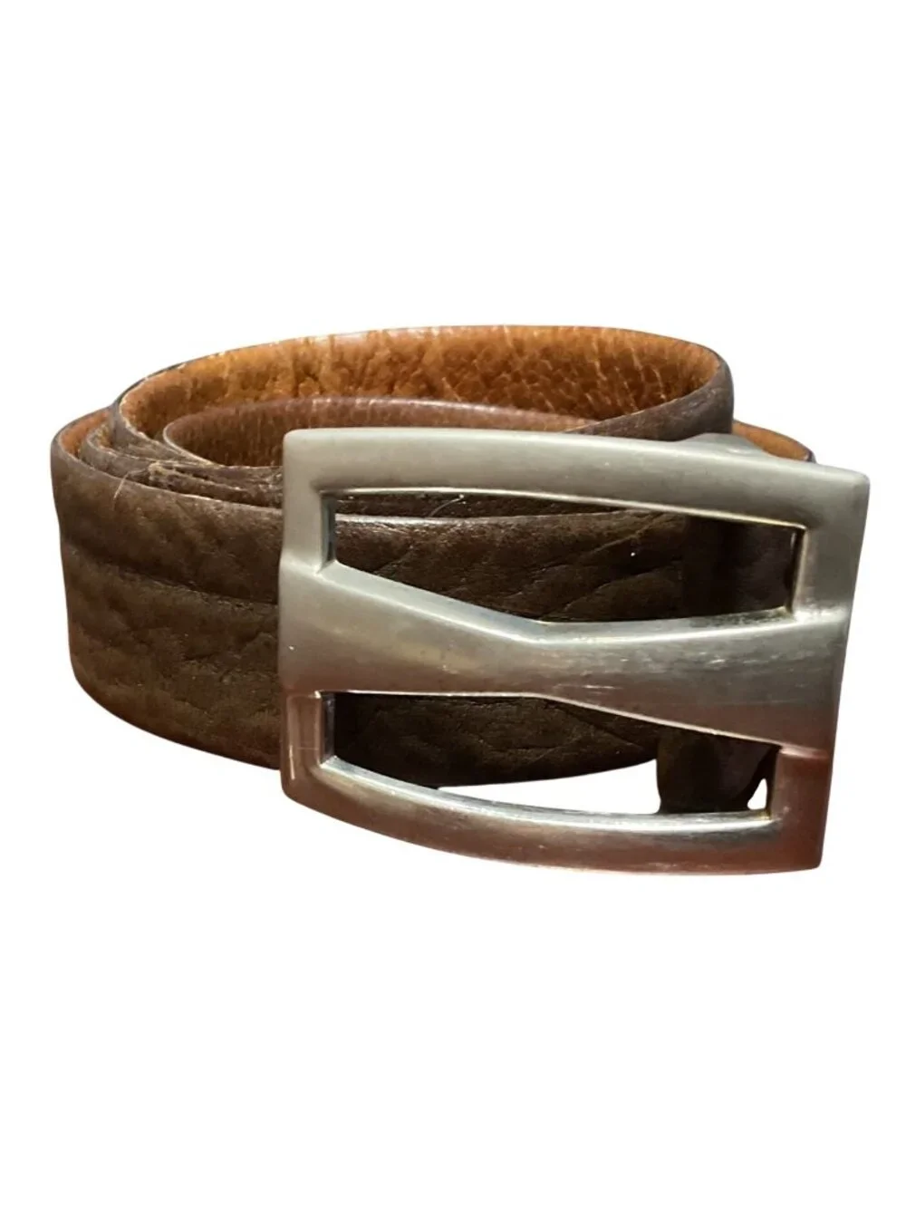 Vintage Brown Leather Belt With Nickel Buckle Stamped 